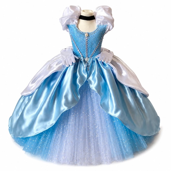 Princess Cinderella Tutu Dress Ball Gown Pageant Costume Luxury Satin Blue Long Glitter Birthday Party Swarovski Gems Gloves Halloween