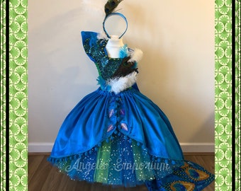 Pretty Peacock Princess Couture Tutu Dress Feather Ball Gown Pageant Outfit Photo Prop Party Wear Halloween Costume Sparkly Blue Green Skirt