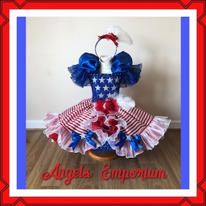 USA American States Flag Patriotic Tutu Dress 4th July Independence Day Celebration Party Red White Blue Satin Ball Gown Pageant Costume