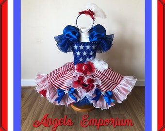 USA American States Flag Patriotic Tutu Dress 4th July Independence Day Celebration Party Red White Blue Satin Ball Gown Pageant Costume