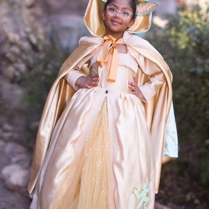 Puede incluir: Una ni&ntilde;a peque&ntilde;a con un disfraz de princesa dorado y verde con una capa a juego. El vestido tiene una falda de tul y una aplicaci&oacute;n de rana. La capa tiene una capucha con orejas.
