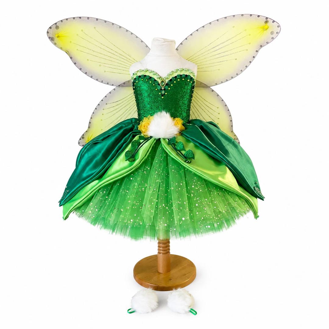 dark green tinkerbell dress Luxury Inspired Tutu Yellow Woodland Fairy Princess Costume Wings Pom Poms Tink Cosplay Ball Gown Satin Leaf Skirt nude gold pink cocktail coat