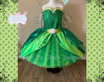 Adult Tinkerbell Inspired Tutu Dress Emerald Green Woodland Fairy Princess Costume Wings Pom Poms Tink Cosplay Ball Gown Satin Leaf Skirt