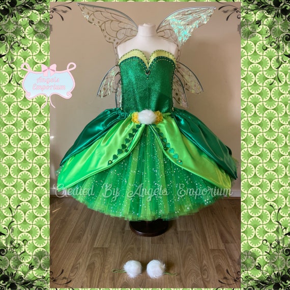 glitter tinkerbell dress Adult Inspired Tutu Emerald Green Woodland Fairy Princess Costume Wings Pom Poms Tink Cosplay Ball Gown Satin Leaf Skirt tinkerbell dress cartoon
