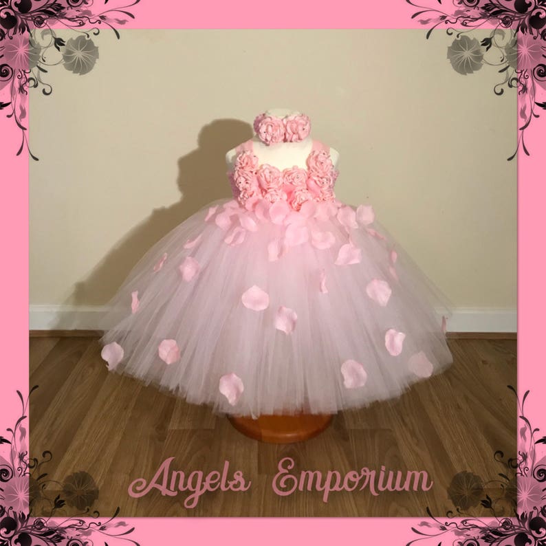 Beautiful Baby Pink Pale Pink Light Pink Flower Girl Tutu Dress Embellished with Petals. Bridesmaids Weddings Christening Special Occasions. image 8