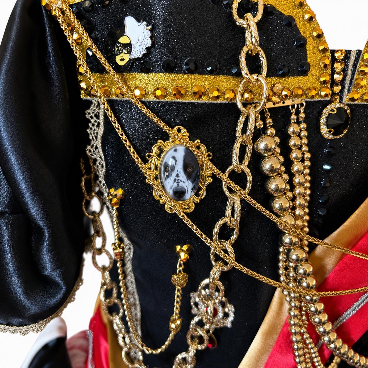 gold dress cruella The Past Devil Tutu Dalmatian Gown Cosplay Theatrical Regal Ball Gown Halloween Costume Pageant Wear Floral Print:Yes