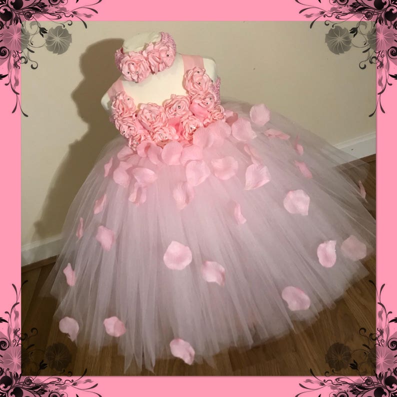 Beautiful Baby Pink Pale Pink Light Pink Flower Girl Tutu Dress Embellished with Petals. Bridesmaids Weddings Christening Special Occasions. image 7
