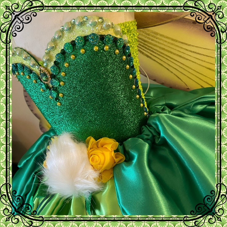 Luxury Tinkerbell Inspired Tutu Dress Green Yellow Woodland Fairy Princess Costume Wings Pom Poms Tink Cosplay Ball Gown Satin Leaf Skirt image 4