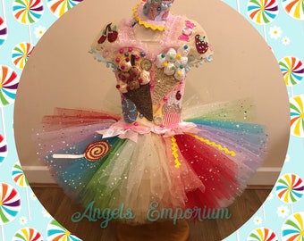 Candy Land Theme Tutu Dress Rainbow Sweets Treats Lollipop Pageant Costume Katy Perry Girls Birthday Party Outfit Halloween Sweetie Shop