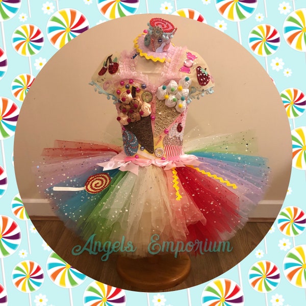 Candy Land Theme Tutu Dress Rainbow Sweets Treats Lollipop Pageant Costume Katy Perry Girls Birthday Party Outfit Halloween Sweetie Shop