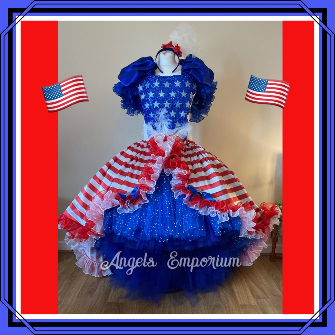 USA American States Flag Patriotic Tutu Dress 4th July Independence Day  Celebration Party Red White Blue Satin Ball Gown Pageant Costume