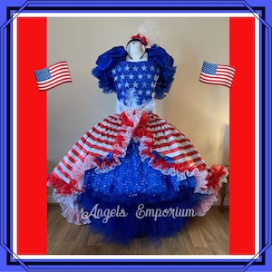 USA American States Flag Patriotic Tutu Dress 4th July Independence Day Celebration Party Red White Blue Satin Ball Gown Pageant Costume