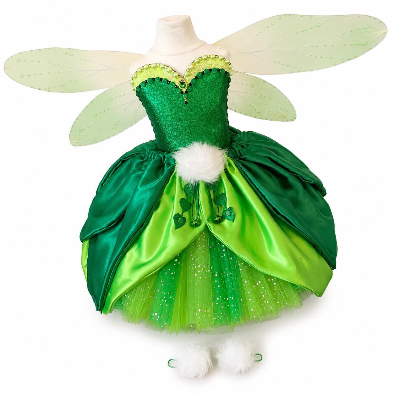 Luxury Tinkerbell Inspired Tutu Dress Emerald Green Woodland Fairy Princess Costume Wings Pom Poms Tink Cosplay Ball Gown Satin Leaf Skirt