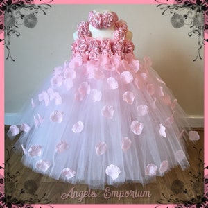 Beautiful Baby Pink Pale Pink Light Pink Flower Girl Tutu Dress Embellished with Petals. Bridesmaids Weddings Christening Special Occasions. image 1