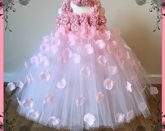 Beautiful Baby Pink Pale Pink Light Pink Flower Girl Tutu Dress Embellished with Petals. Bridesmaids Weddings Christening Special Occasions.