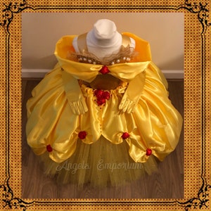 The Original Princess Belle from Beauty and the Beast Inspired Tutu Dress Ball Pageant Costume Luxury Satin Gown Yellow Red Roses Gold Tutu image 3