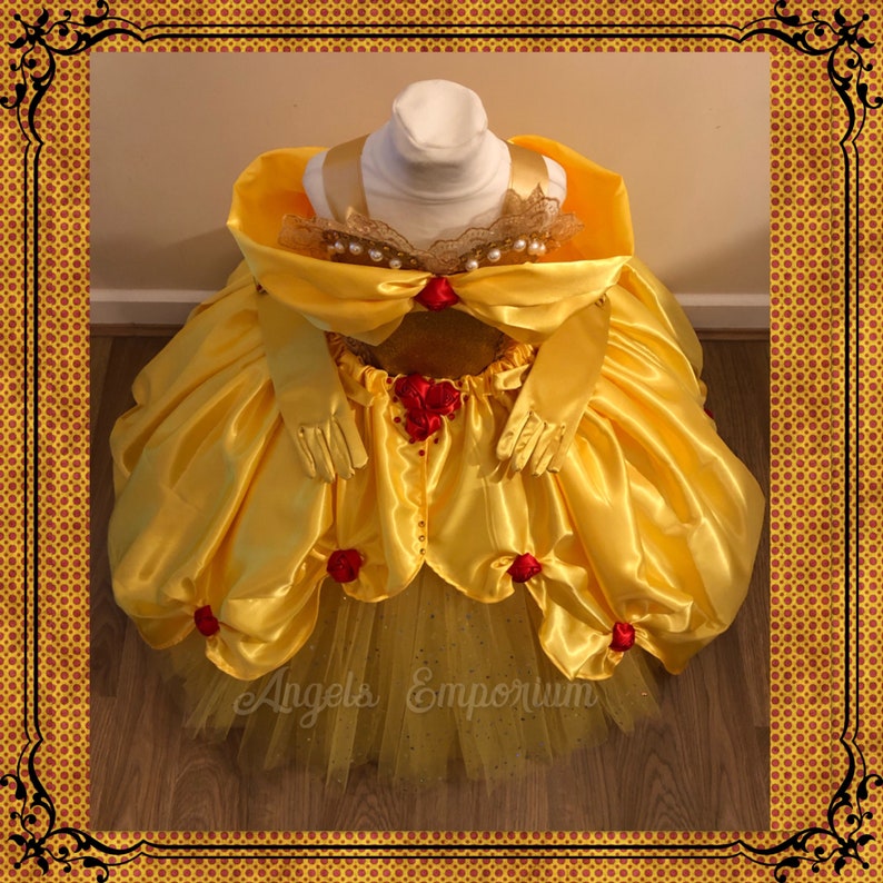 The Original Princess Belle from Beauty and the Beast Inspired Tutu Dress Ball Pageant Costume Luxury Satin Gown Yellow Red Roses Gold Tutu image 3
