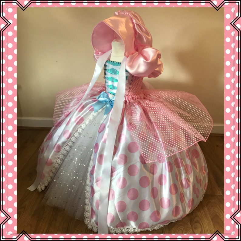 Little BO PEEP Tutu Dress Toy Story Costume Baby Pink Polka Dot Princess Satin Ball Gown Pioneer Bonnet Pageant Birthday Party Halloween