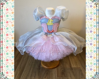 Super Cute Dumbo Inspired Tutu Dress Pageant Costume Short Skirt Pearls Sparkles Cosplay Disney Outfit Baby First Birthday Grey Pink