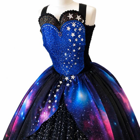 galaxy blue black starry fairy dress Ladies Stunning Glittering Tutu Swarovski Ball Gown Party Pageant Halloween Costume Space Moon Stars Chiffon Skirt Featuring a romantic off