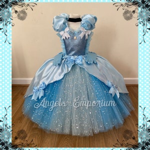 Princess Cinderella Inspired Tutu Dress Ball Pageant Costume Luxury Satin Gown Blue Glitter Long Sparkly Tutu Dress With Gloves And Necklace