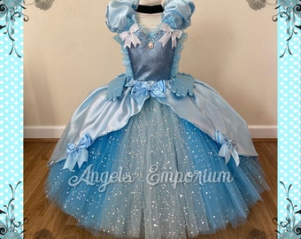 Princess Cinderella Inspired Tutu Dress Ball Pageant Costume Luxury Satin Gown Blue Glitter Long Sparkly Tutu Dress With Gloves And Necklace