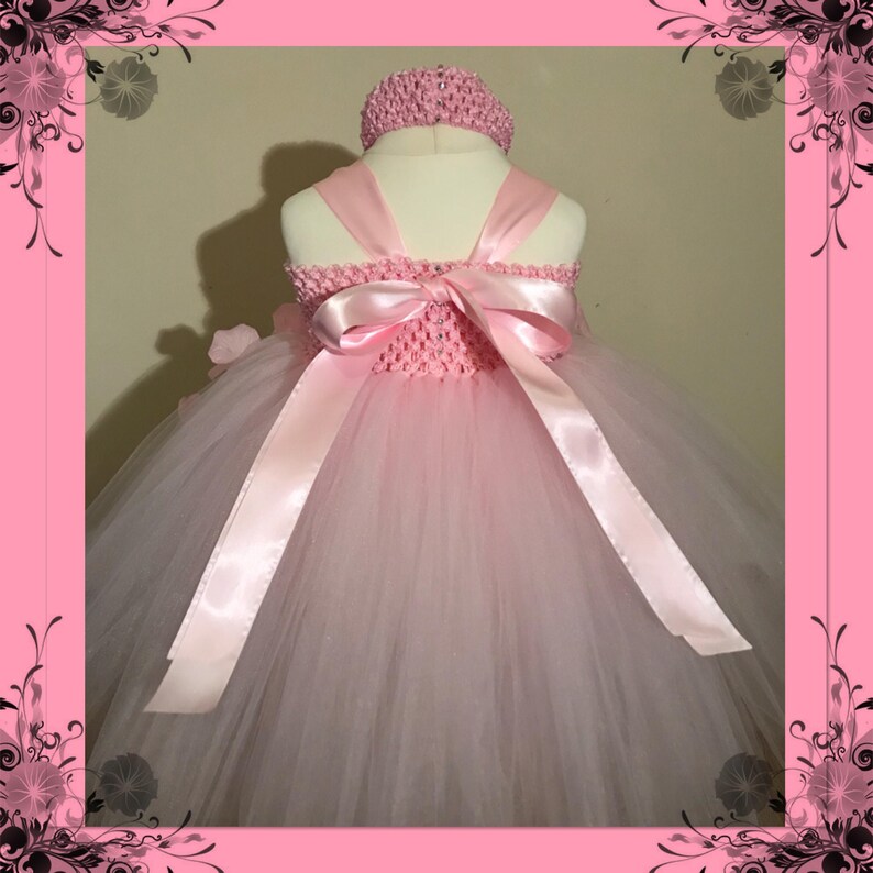 Beautiful Baby Pink Pale Pink Light Pink Flower Girl Tutu Dress Embellished with Petals. Bridesmaids Weddings Christening Special Occasions. image 9