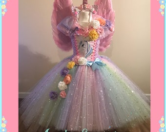 Vestido tutu arco-íris com flores de unicórnio, cores pastel, asas e chifres, fantasia de pônei brilhante, design exclusivo para festa e concurso