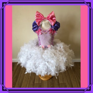 Cute Daisy Duck Inspired Tutu Dress Princess Ball Gown Pageant Halloween Costume Luxury White Feather Boa Birthday Party Outfit Glitter