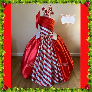 Deluxe Holiday Christmas Candy Cane Festive Season Tutu Dress Xmas Ball Gown Pageant Costume Luxury Red White Satin Headband Included