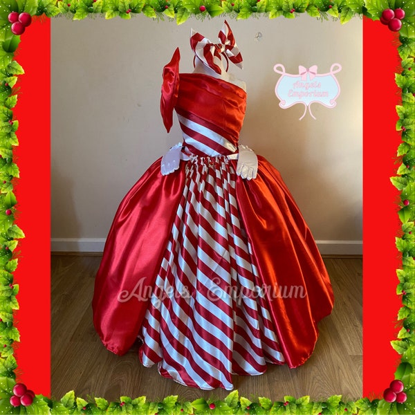 Deluxe Holiday Christmas Candy Cane Festive Season Tutu Dress Xmas Ball Gown Pageant Costume Luxury Red White Satin Headband Included