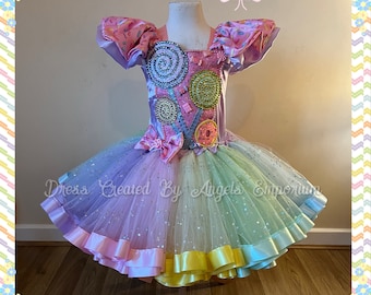 Pastel Candy Land Theme Tutu Dress Sweets Treats Lollipop Pageant Costume Katy Perry Girls Birthday Party Outfit Halloween Sweetie Shop