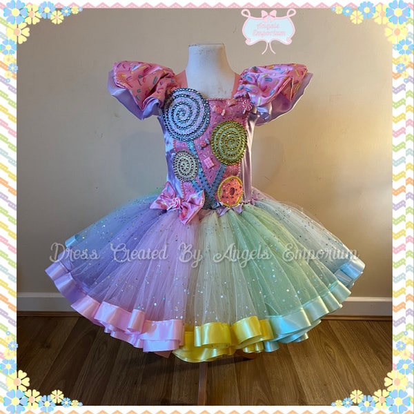 Pastel Candy Land Theme Tutu Dress Sweets Treats Lollipop Pageant Costume Katy Perry Girls Birthday Party Outfit Halloween Sweetie Shop