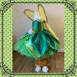 Luxury Tinkerbell Inspired Tutu Dress Green Yellow Woodland Fairy Princess Costume Wings Pom Poms Tink Cosplay Ball Gown Satin Leaf Skirt image 6