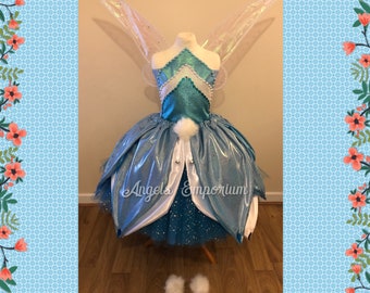 Luxury Periwinkle Inspired Tutu Dress Blue Fairy Princess Costume Wings Pom Poms Tinkerbell Sister Cosplay Ball Gown Satin Leaf Skirt