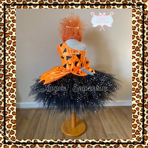 Super Cute Fred Flintstones Bam Bam Pebbles Tutu Dress Orange & Black Cave Girl Halloween Costume Party Pageant Birthday Hair Band Wig