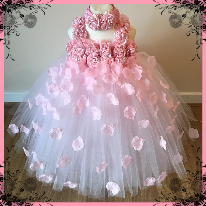 Beautiful Baby Pink Pale Pink Light Pink Flower Girl Tutu Dress Embellished with Petals. Bridesmaids Weddings Christening Special Occasions. image 2