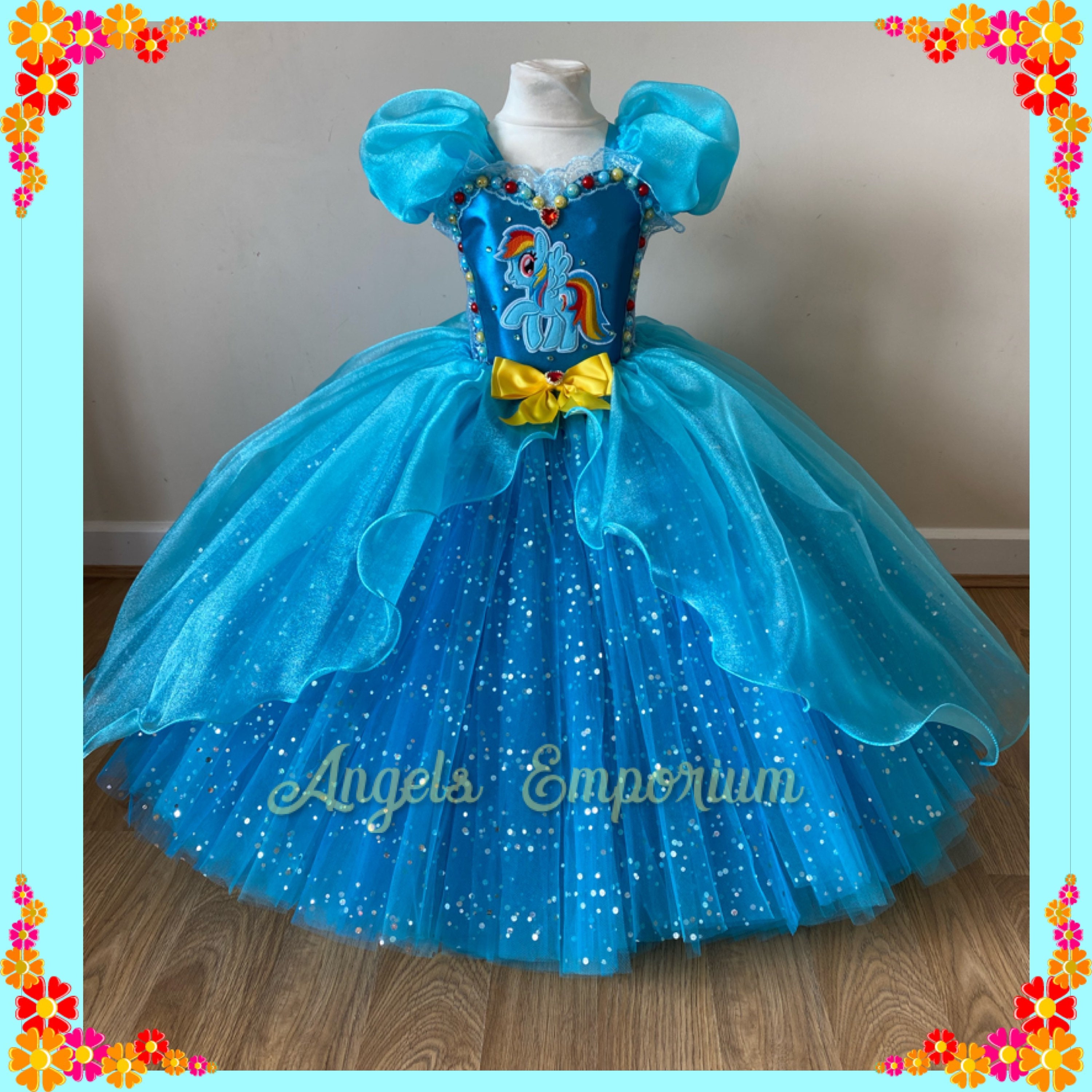 Rainbow Pony Tutu Dress Turquoise Princess Beautiful Sparkly Little Pony Costume Pageant Gala Ball Gown Horse Unicorn Christmas Gift Idea