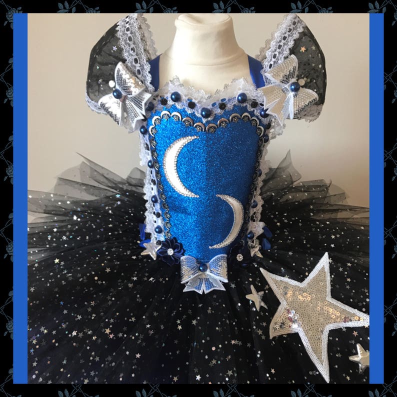 The Moon & Stars Halloween Costume Tutu Party Dress Sparkly Pageant Gala Ball Gown Black and Blue Tutu A Unique Gift. image 3