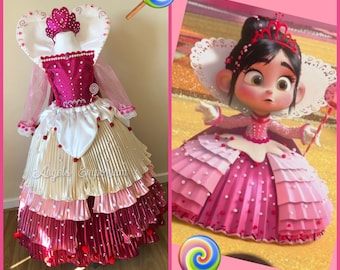 vanellope von schweetz pink dress Princess Vanellope Von Schweetz Inspired Tutu Dress Wreck It Ralph  Candyland Costume Cosplay Luxury Gown Pink Long Crown Glitter Satin Gown
