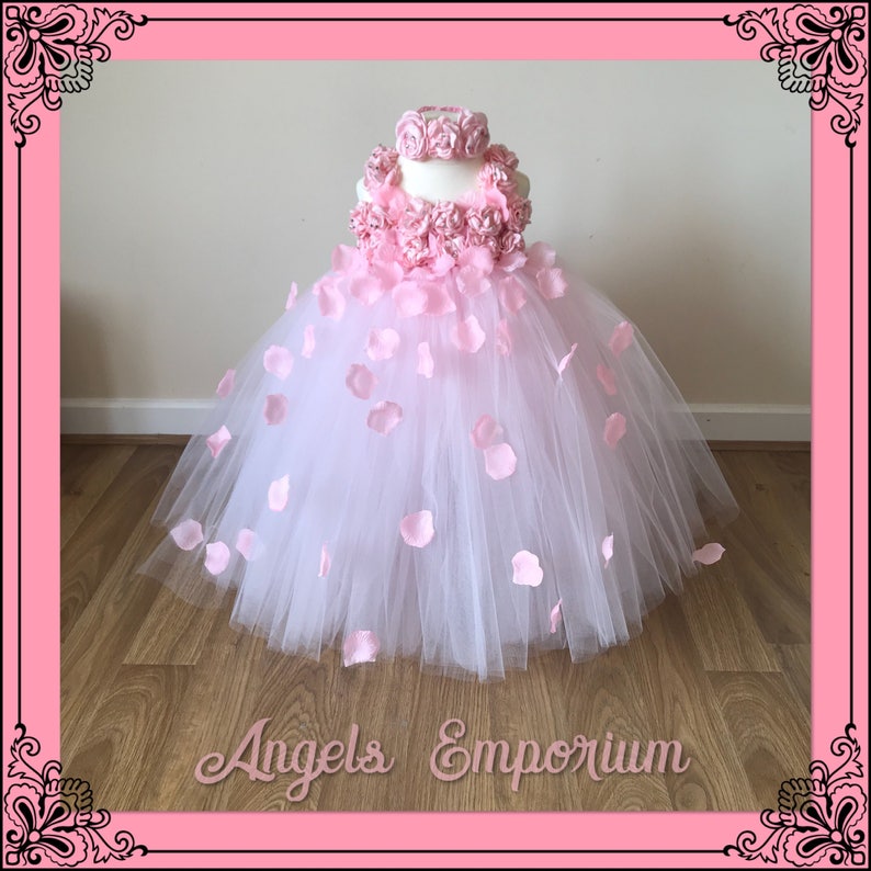 Beautiful Baby Pink Pale Pink Light Pink Flower Girl Tutu Dress Embellished with Petals. Bridesmaids Weddings Christening Special Occasions. image 4