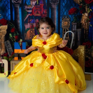 The Original Princess Belle from Beauty and the Beast Inspired Tutu Dress Ball Pageant Costume Luxury Satin Gown Yellow Red Roses Gold Tutu