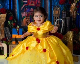 The Original Princess Belle from Beauty and the Beast Inspired Tutu Dress Ball Pageant Costume Luxury Satin Gown Yellow Red Roses Gold Tutu