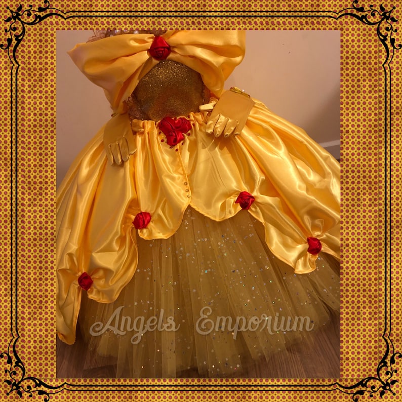 The Original Princess Belle from Beauty and the Beast Inspired Tutu Dress Ball Pageant Costume Luxury Satin Gown Yellow Red Roses Gold Tutu image 5