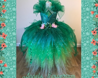 The Woodland Green Fairy Queen Tutu Dress Magical Emerald Poison Ivy Pageant Ball Gown With Wings Ombre Graduated Pixie Cut Sparkling Skirt