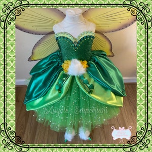 Luxury Tinkerbell Inspired Tutu Dress Green Yellow Woodland Fairy Princess Costume Wings Pom Poms Tink Cosplay Ball Gown Satin Leaf Skirt image 2