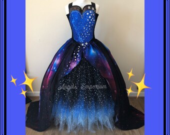 Stunning Glittering Galaxy Tutu Dress Swarovski Black Blue Ball Gown Party Pageant Halloween Costume Space Moon Stars Chiffon Skirt Princess