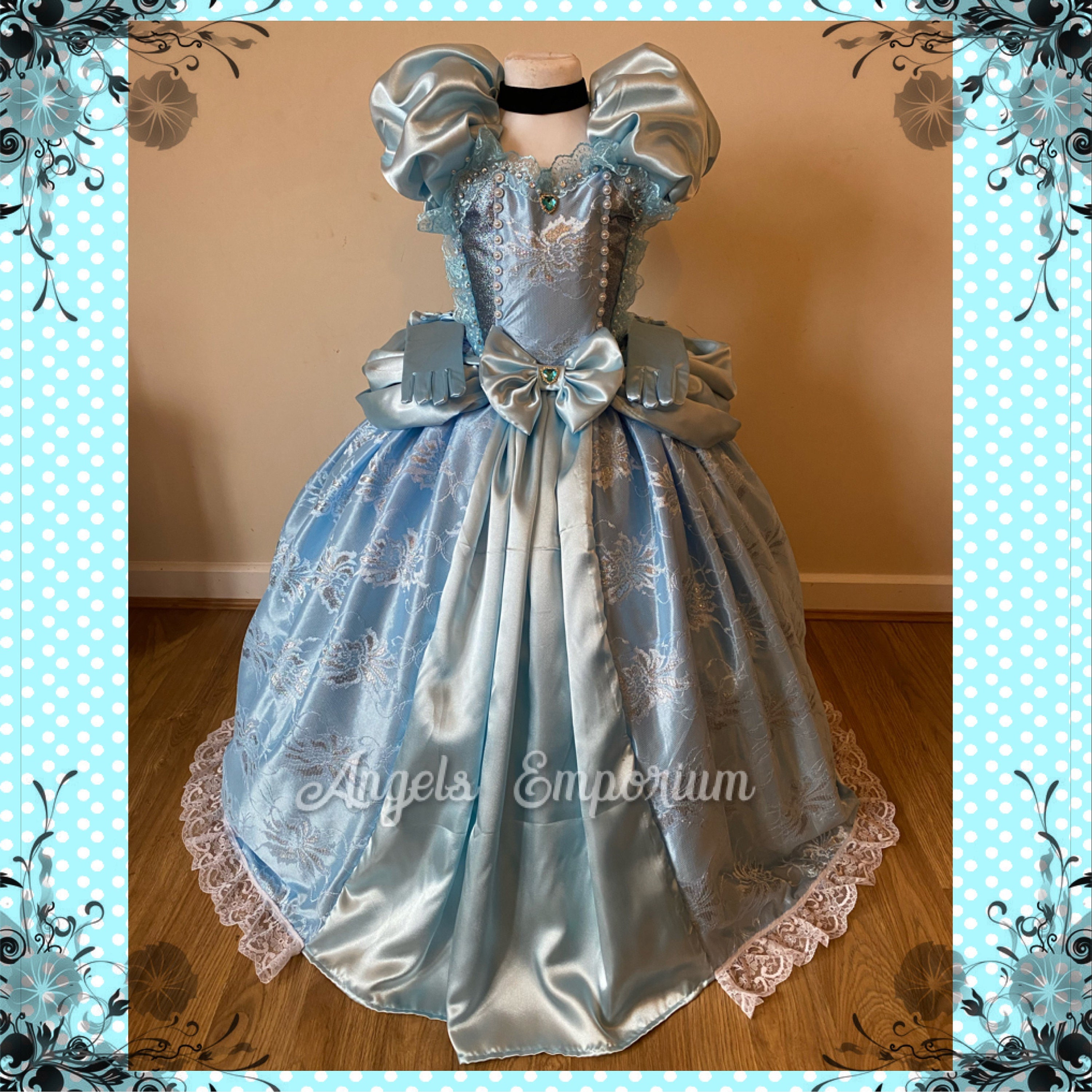 Deluxe Princess Cinderella Tutu Dress Ball Gown Pageant Costume Luxury Satin Lace Blue Long Glitter Birthday Party Gloves Halloween