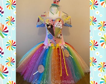 Adult Size Candy Land Theme Tutu Dress Rainbow Sweets Treats Lollipop Pageant Costume Katy Perry Birthday Party Outfit Halloween Sweetie