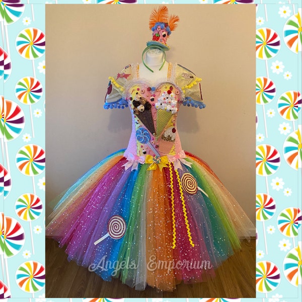 Adult Size Candy Land Theme Tutu Dress Rainbow Sweets Treats Lollipop Pageant Costume Katy Perry Birthday Party Outfit Halloween Sweetie